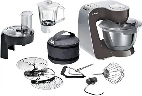 Produktbild: Bosch Küchenmaschine Serie 4 MUM58A20, Edelstahl-Schüssel 3,9 L, Glasmixer 0,8 L, Profi-Knethaken, Schnee-, Silikonbesen Edelstahl, Durchlaufschnitzler, 3 Scheiben, 1000 W, Braun-grau/Silber