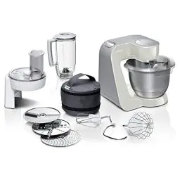Produktbild: Bosch Küchenmaschine Serie 4 MUM58L20, Edelstahl-Schüssel 3,9 L, Mixer 1,25 L, Planetenrührwerk, Knethaken, Schlag- und Rührbesen Edelstahl, Durchlaufschnitzler, 3 Scheiben, 1000 W, Grau/Silber