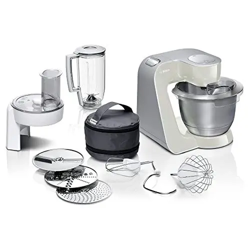Produktbild: Bosch Küchenmaschine Serie 4 MUM58L20, Edelstahl-Schüssel 3,9 L, Mixer 1,25 L, Planetenrührwerk, Knethaken, Schlag- und Rührbesen Edelstahl, Durchlaufschnitzler, 3 Scheiben, 1000 W, Grau/Silber
