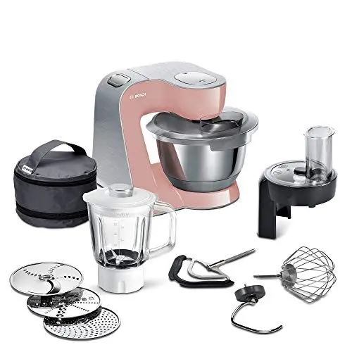 Produktbild: Bosch Küchenmaschine Serie 4 MUM58NP60, Edelstahl-Schüssel 3,9 L, Glasmixer 0,8 L, Planetenrührwerk, Profi-Knethaken, Schnee-, Silikonbesen, Durchlaufschnitzler, 3 Scheiben, 1000 W, Rosa