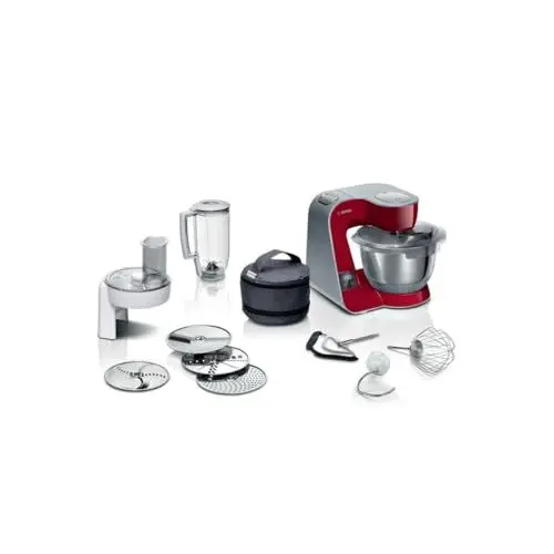Produktbild: Bosch Küchenmaschine MUM5 MUM5X720, integrierte Waage,Edelstahl-Schüssel 3,9L, Mixer 1,25L, Profi-Knethaken, Planetarisches Rührgetriebe, Rührbesen, Durchlaufschnitzler, 1000 W, Silber/Dunkelrot