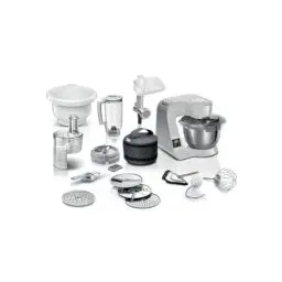 Produktbild: Bosch Küchenmaschine Serie 4 MUM5XL72, integrierte Waage, 2x Schüssel 3,9L, Mixer 1,25L, Rührset, Durchlaufschnitzler, Planetarisches Rührgetriebe, Fleischwolf, Würfelschneider, 1000 W, Grau/Silber