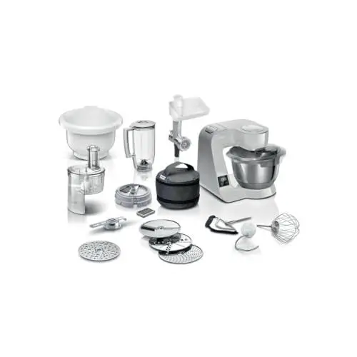 Produktbild: Bosch Küchenmaschine Serie 4 MUM5XL72, integrierte Waage, 2x Schüssel 3,9L, Mixer 1,25L, Rührset, Durchlaufschnitzler, Planetarisches Rührgetriebe, Fleischwolf, Würfelschneider, 1000 W, Grau/Silber