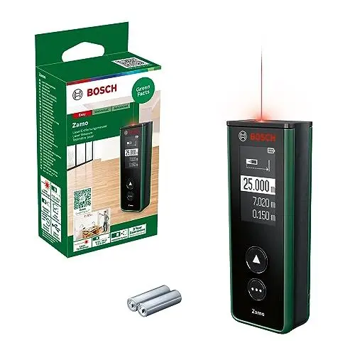 Produktbild: Bosch Laser-Entfernungsmesser Zamo der 4. Generation (einfaches und präzises Messen bis 25 m, Akkus über USB-C aufladbar, mit Adapterschnittstelle, im Karton)