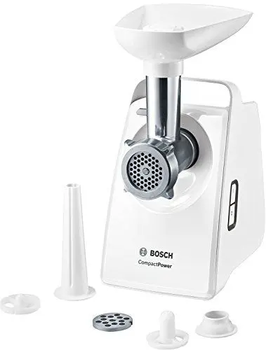 Produktbild: Bosch MFW3520W Compact Power Fleischwolf, Blockierleistung, Kompakt, Wurstvorsatz, Messer mit 2 Schneiden, Weiß, 1500 W