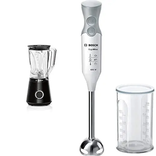 Produktbild: Bosch MMB6141B Standmixer VitaPower Serie 4, 1200 W, 30,000 U/min, 1,5 L Behälter Tritan, Schwarz & MSM66110 ErgoMixx Stabmixer, 600 Watt, 2 Geschwindigkeitsstufen, weiß/grau