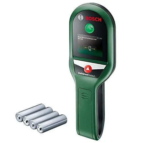 Produktbild: Bosch Ortungsgerät UniversalDetect (für Metall, spannungsführende Kabel und Holzunterkonstruktionen in 100/50/25 mm Erfassungstiefe·· Kartoninhalt: Bosch UniversalDetect, 4x 1,5-V Batterien)