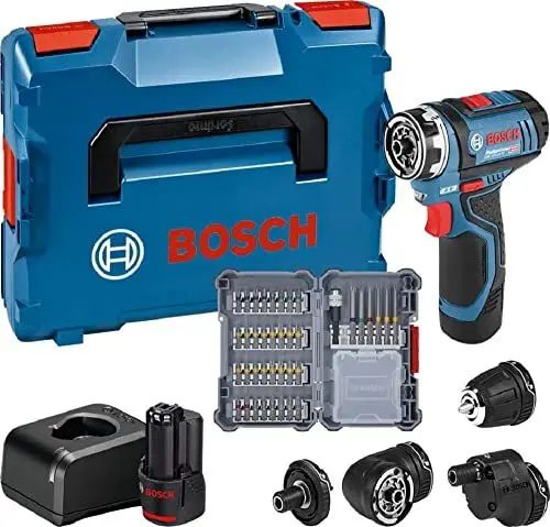 Produktbild: Bosch Professional 12V System Akku Bohrschrauber GSR 12V-15 FC - FlexiClick System (inkl. 2x 2.0 GBA 12V Akku, Ladegerät, 4x Aufsätze, 40-tlg. Zubehör-Set 40, L-BOXX) - Amazon Exclusive Set Set