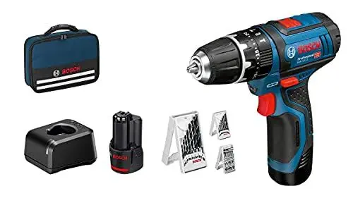 Produktbild: Bosch Professional 12V System Akku Schlagbohrschrauber GSB 12V-15 (Bohr-Ø Holz max: 19 mm, inkl. 2x 2.0Ah Akku + Ladegerät, 2x Bohrer-Set, 1x Bit-Set, Werkzeugtasche) - Amazon Exclusive Set Set