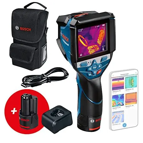 Produktbild: Bosch Professional 12V System Wärmebildkamera GTC 600 C (2x 12-V-Akku, mit App-Funktion, Temperaturbereich: –20 °C bis +600 °C, Auflösung: 256 x 192 px, Schutztasche) – Amazon Exclusive Set