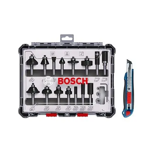Produktbild: Bosch 15tlg. Fräser Set mit Cuttermesser (für Holz, Ø 8 mm Schaft, Professional Zubehör Oberfräse)