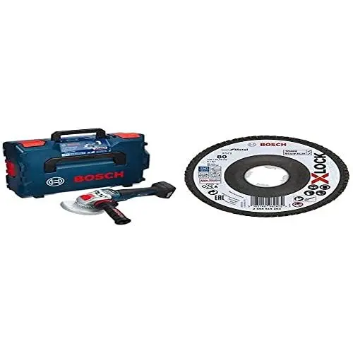 Produktbild: Bosch Professional 18V System Akku Winkelschleifer GWX 18V-10 PSC (mit X-LOCK, Ø: 125mm, ohne Akkus und Ladegerät, in L-BOXX) + Gewinkelte Fächerschleifscheibe Best (für Metall, Ø125 mm, Körnung K80)