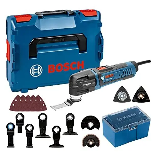 Produktbild: Bosch Professional Multi Cutter GOP 30-28 (inkl. 7x Starlock Tauchsägeblatt, 2x Starlock Segmentsägeblatt, 1x Starlock Carbide-Riff Schleifplatte, 5x Schleifblätter, 1x Delta-Schleifplatte, L-BOXX)