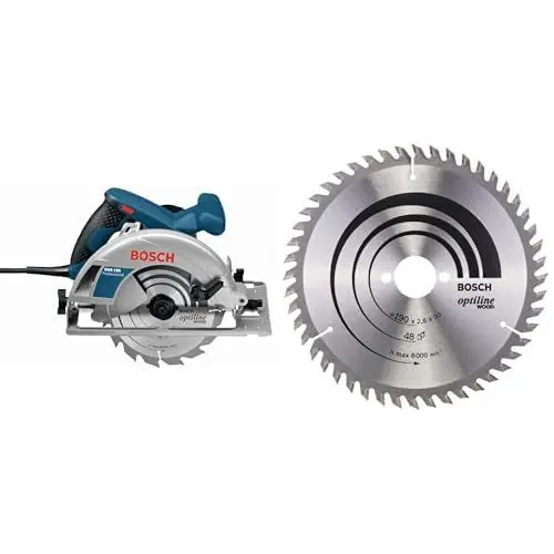 Produktbild: Bosch Professional Handkreissäge GKS 190 (Kreissägeblatt: 190 mm, Schnitttiefe: 70 mm) + Kreissägeblatt Optiline Wood (für Holz, 190 x 30 x 2,6 mm, 48 Zähne)