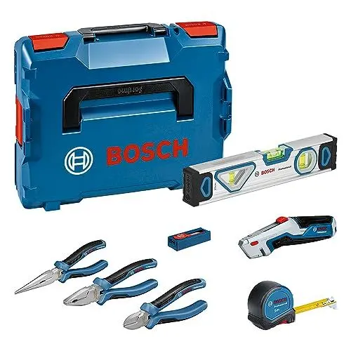 Produktbild: Bosch Professional Handwerkzeug-Set, 10-teilig (inkl. 2x Zange, 1x Cutter, 1x Maßband, 1x 25-cm-Wasserwaage, 1x Messer, 10x Ersatzklinge, 2x L-BOXX-Einlage, L-BOXX)