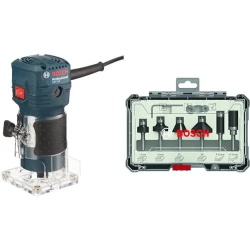 Produktbild: Bosch Professional Kantenfräse GKF 550 (inkl. Parallelanschlag, Rollenführung, Grau, 2x Schraubenschlüssel (17mm, 10 mm), im Karton) + 6tlg. Rand- und Kantenfräser Set (für Holz, für Oberfräsen)