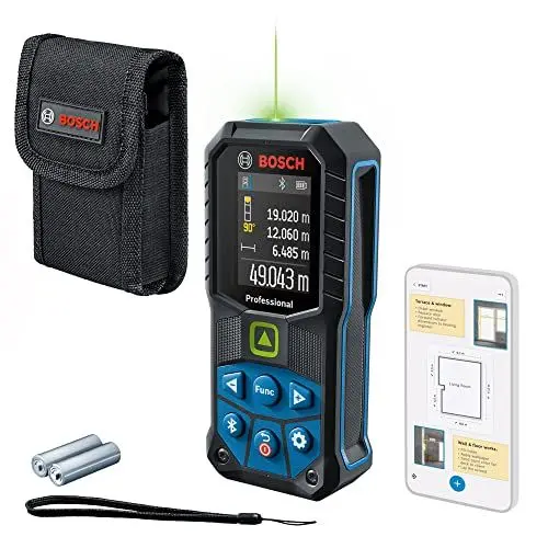 Produktbild: Bosch Professional Laser-Entfernungsmesser GLM 50-27 CG (grüner Laser, Reichweite: bis 50 m, robust, IP65, Bluetooth-Datenübertragung, 2 AA-Batterien, Schlaufe, Tasche)
