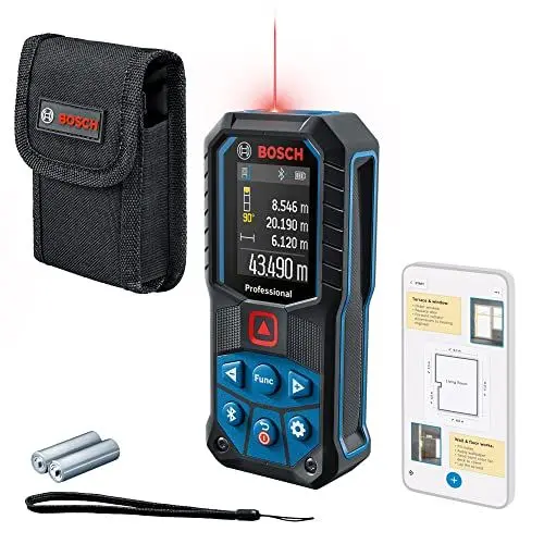Produktbild: Bosch Professional Laser-Entfernungsmesser GLM 50-27 C (Reichweite: bis 50 m, robust, IP65, Bluetooth-Datenübertragung, 2 AA-Batterien, Schlaufe, Tasche)