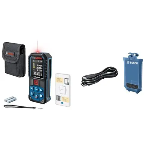 Produktbild: Bosch Professional Laser-Entfernungsmesser GLM 50-27 C (Reichweite: bis 50 m, robust, IP65, Bluetooth-Datenübertragung, 2 AA-Batterien, Schlaufe, Tasche) + GLM Lithium-Ionen-Akku BA 3.7V 1.0Ah