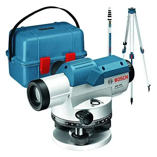 Produktbild: Bosch Professional Optisches Nivelliergerät GOL 32 D (32-fache Vergrößerung, Maßeinheit: 360 Grad, Arbeitsbereich: bis zu 120 m, Messlatte GR 500, Baustativ BT 160, im Transportkoffer)