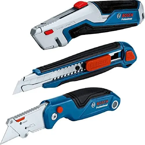 Produktbild: Bosch Professtional 3 tlg. Messer Set (inkl. Universal Messer mit ausziehbarer Klinge und Ersatzklingen im Griff, Cutter Messer, Universal Klappmesser mit Ersatzklingen im Griff)