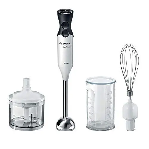 Produktbild: Bosch Stabmixer ErgoMixx MS6CA4150, Edelstahl-Mixfuß, Mix- und Messbecher, Schneebesen, 4-Klingen-Messer, leichtes Gehäuse, 12 Stufen plus Turbostufe, 800 W, weiss/anthrazit