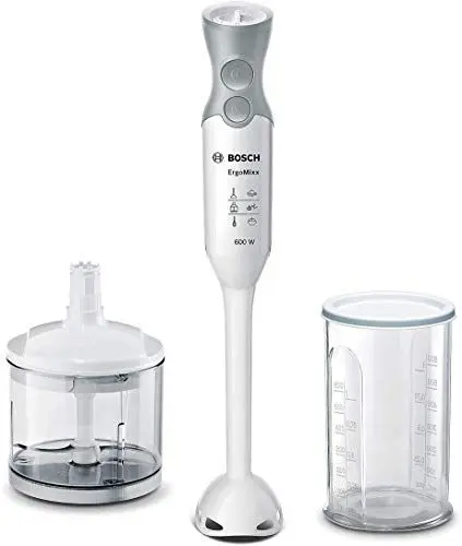 Produktbild: Bosch Stabmixer ErgoMixx MSM66020, Mixfuß, Mix- und Messbecher, 4-Klingen-Messer, ergonomisches Design, 12 Stufen plus Turbo, 600 W, weiß/grau