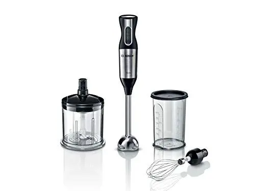 Produktbild: Bosch Stabmixer ErgoMixx Style MS6CM4160, Edelstahl-Mixfuß, XL-Universalzerkleinerer, Mix- und Messbecher, Schneebesen, 4-Klingen-Messer, ergonomisches Design, 12 Stufen plus Turbo, 800 W, Edelstahl