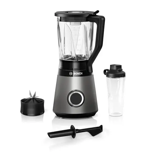 Produktbild: Bosch Standmixer VitaPower Serie 4 MMB6174SN, verbesserte Version, Edelstahl-Klingen Made in Germany, 1,5l Glasbehälter, 0,6l To-Go-Flasche, spülmaschinenfeste Teile, 30,000 U/min, 1200 W, silber