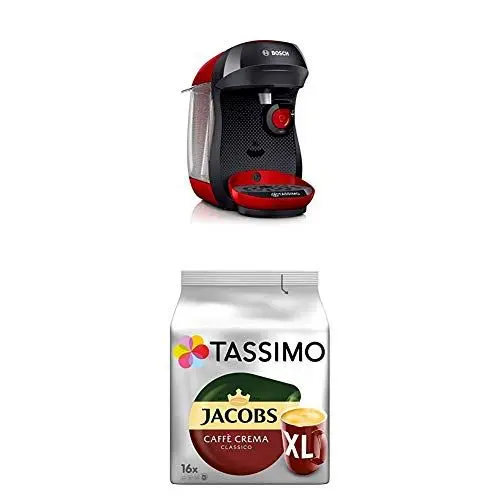 Produktbild: Bosch TAS1003 Tassimo Happy Kapselmaschine,1300 W, platzsparend, große Getränkevielfalt, just red + Tassimo Jacobs Caffè Crema Classico XL, 5er Pack Kaffee T Discs (5 x 16 Getränke)