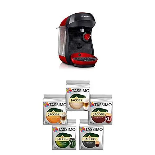 Produktbild: Bosch TAS1003 Tassimo Happy Kapselmaschine,1300 W, platzsparend, große Getränkevielfalt, just red + Tassimo Vielfaltspaket - 5 verschiedene Packungen kaffeehaltiger Getränke T Discs (1 x 927 g)