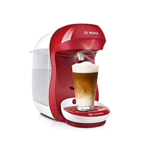 Produktbild: Bosch Tassimo Happy Kapselmaschine TAS1006 Kaffeemaschine by, 70 Getränke, Vollautomatisch, Geeignet für alle Tassen, Platzsparend, Weiß/Weinrot, 1400 Watt, 0,7 L