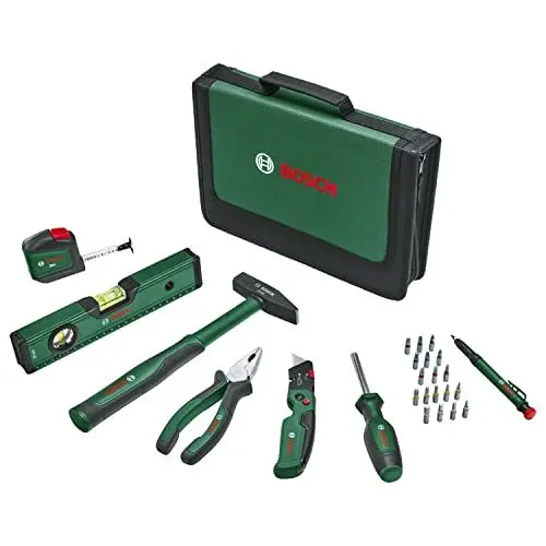 Produktbild: Bosch Universal-Handwerkzeug-Set, 25-teilig (vielseitiges Werkzeug-Set für allgemeine Arbeiten rund ums Haus·· Klappmesser·· Kombizange·· Maßband·· Wasserwaage und mehr) - Amazon Edition