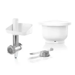 Produktbild: Bosch Zubehör-Set BakingSensation MUZS2BS, Fleischwolf, Kunststoffschüssel, Spritzgebäck-Vorsatz, Edelstahl Loch-Scheibe, 4 Gebäckvarianten, passend für Küchenmaschine Serie 2