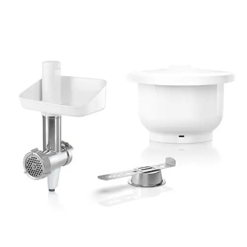 Produktbild: Bosch Zubehör-Set BakingSensation MUZS2BS, Fleischwolf, Kunststoffschüssel, Spritzgebäck-Vorsatz, Edelstahl Loch-Scheibe, 4 Gebäckvarianten, passend für Küchenmaschine Serie 2