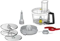 Produktbild: Bosch Zubehör-Set VeggieLove Plus MUZ9VLP1, Multimixer, drei Scheiben (Schneidwendescheibe, Raspelwendescheibe, Reibscheibe mittelfein), Hackmesser, Zitruspresse, für Küchenmaschine Serie 8