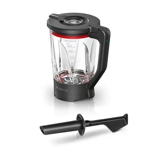 Produktbild: Bosch Zubehör MUZS6MX, Mixbecher, dickwandiges Thermosafe Glas, 1,5l, hitzebeständig, kältebeständig, spülmaschinengeeignet, mit Stopfer, für Küchenmaschine Serie 6