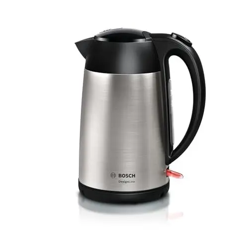 Produktbild: Bosch kabelloser Wasserkocher DesignLine TWK3P420, Ausgießen ohne Spritzer, Tassenanzeige, Überhitzungsschutz, 1,7 L, 2400 W, Edelstahl/schwarz
