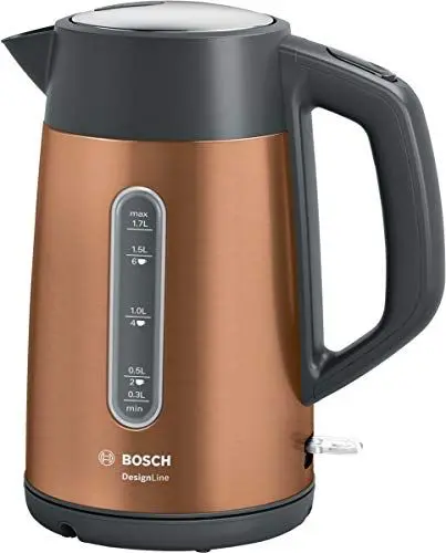 Produktbild: Bosch kabelloser Wasserkocher DesignLine TWK4P439, Ausgießen ohne Spritzer, Tassenanzeige, Wasserstandsanzeige beidseitig, Überhitzungsschutz, 1,7 L, 2400 W, kupfer