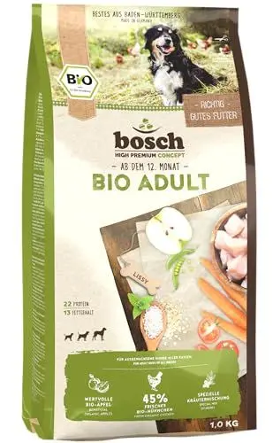 Produktbild: bosch HPC BIO | Adult Hühnchen & Apfel | Hundefutter für ausgewachsene Hunde aller Rassen | 100 % landwirtschaftliche Rohstoffe aus nachweislich biologischem Anbau | 1 x 11.5 kg