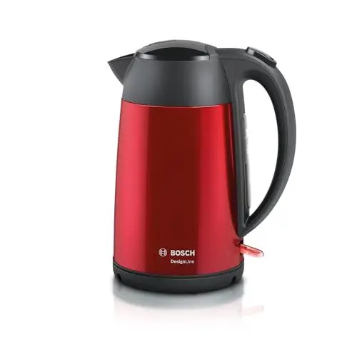 Produktbild: Boschkabelloser Wasserkocher DesignLine TWK3P424 DesignLine kabelloser Wasserkocher, Ausgießen ohne Spritzer, Tassenanzeige, Wasserstandsanzeige, Überhitzungsschutz, 1,7 L, 2400 W, rot