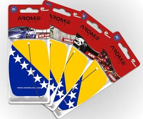 Produktbild: Bosnischer Duftbaum mit nationaler Flagge - Lufterfrischer für Auto und Zuhause Duftanhänger 4-er Pack in 4 Düften New Car, Black, Vanilla, Cherry