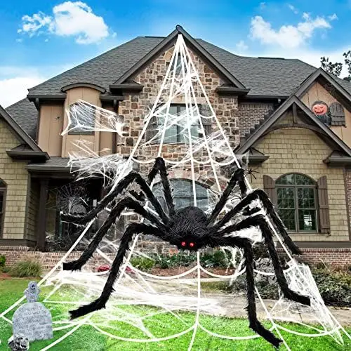 Produktbild: BOSONER Halloween Deko Outdoor Spinne Groß: Horror Deko Garten 127cm Riesenspinne Set with 50cm Dreieckiges Riesen Spinnennetz - Gruselige Dehnbares Riesen Spinne (Schwarz Spinne)