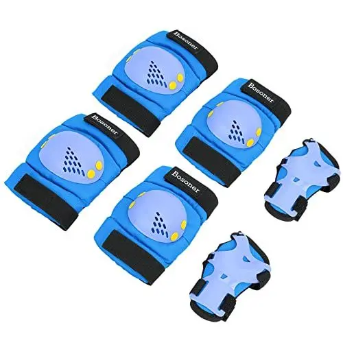 Produktbild: BOSONER Knieschoner Kinder Schoner Inliner Protektoren: 6er Set Schützer Inline Skates Kinder Knie Und Ellenbogenschützer Knieschützer Rollschuhe Schutzausrüstung (Blau-ma-Xin, M (6-15Jahre))