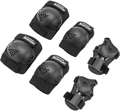 Produktbild: BOSONER Knieschoner Kinder Schoner Inliner Protektoren: 6er Set Schützer Inline Skates Kinder Knie Und Ellenbogenschützer Knieschützer Rollschuhe Schutzausrüstung (Schwarz-Xin, M (6-15Jahre))