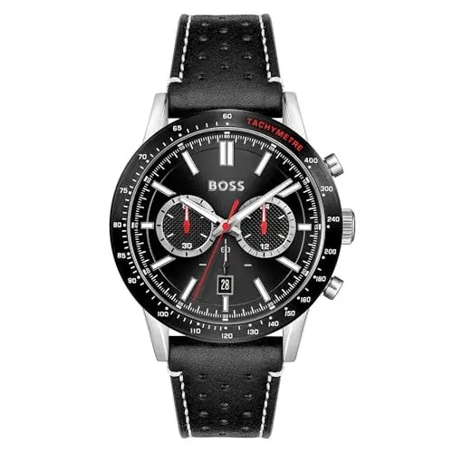 Produktbild: BOSS Herren Chronograph Quarz Uhr 44mm Pilot Edition Chrono mit Schwarzem Zifferblatt, Schwarzem Lederarmband, Datumsfunktion, 3 Totalisatoren, 5ATM Wasserdichtigkeit - 1513853