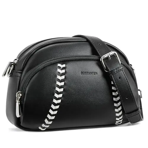 Produktbild: BOSTANTEN Crossbody Bag Damen, Umhängetasche Damen Klein Schlichtes Leder Baseball Tragetasche mit verstellbarem Schultergurt,Schwarz mit Weiß