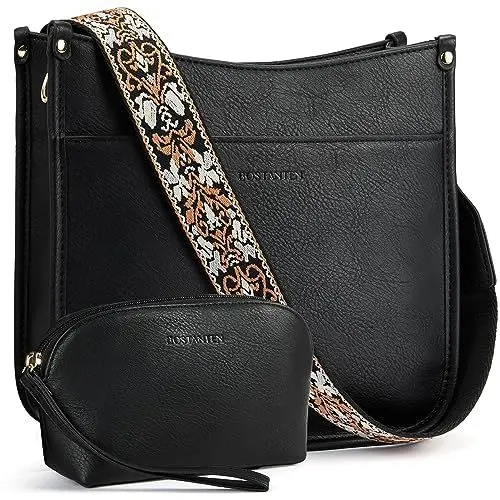 Produktbild: BOSTANTEN Damen Handtasche Kleine Umhängetasche PU Leder Schultertasche mit Geldbörse für Frauen Crossbody Bags mit verstellbarem Farbigem Riemen,Schwarz