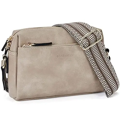 Produktbild: BOSTANTEN Handytasche zum Umhängen, PU Leder Crossbody Bag Breiter Gurt, Klein, Reißverschlusstasche Handy Umhängetasche Damen für Designer Grau
