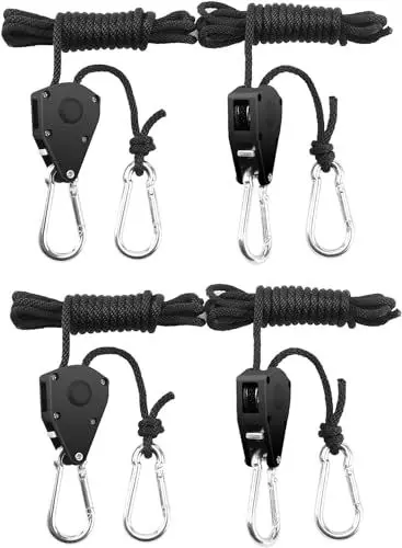 Produktbild: BOSYTRO 2 Paar（4 Stück） 1/8 Zoll Ratchet Hanger Heavy Duty Einstellbare Ratsche Seil Aufhänger Verstellbarer Seilaufhänger für Grow Light Armaturen Pflanzenlampe Gartenarbeit, 68kg Tragkraft pro Paar